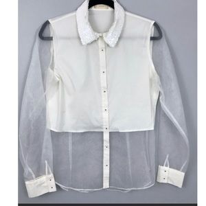 CLUNY white button down sheer sequin blouse